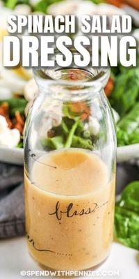 This easy recipe for Spinach Salad Dressing goes perfectly with crisp spinach leaves and bacon. Tangy, sweet, and delicious, spinach never looked so good! #spendwithpennies #spinachsaladdressing #recipe #saladdressing #best #mustard #vinegar #tangy #vinaigrette #easy