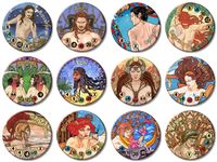 Release Date: Set Size: 6 Buttons Publisher: Designers: Artist: New Rules: Rare: The Zodiac set is a twelve button set designed by Kaori. The artwork was licensed for button use only from artists Caryad (www.caryad.de) and Mia Steingräber (zeichenblog.mia-steingraeber.de). According to one of the artist's Deviant Art page, the images were done in conjunction with one another for a calendar based upon the zodiac. According to Kaori in an interview conducted via Button Men Online,"The artwork insp