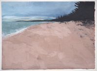 Moody landscape painting of a Lake Superior beach scene under an overcast sky. Acrylic on watercolor paper, 10″ wide x 7.25″ tall. #landscapepainting #lakesuperior #michiganartist #acrylicpainting #michiganart