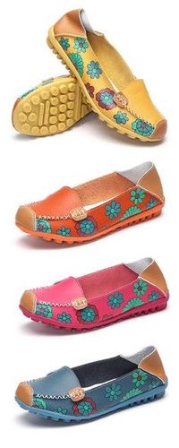 $15.92 Floral Print Color Matching Soft Comfortable Slip On Flat Shoes