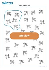 Circle groups of 5 objects, counting worksheet. Preschool, Kindergarten, First grade worksheets: lookbookeducation.com