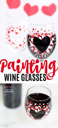 This how to paint wine glasses project makes a great Valentine's day gift packaged with a bottle of wine to keep, fill, and share with your own Valentine! #paintingtips #valentinesday #valentine #valentinesdaydiy #wineglass #valentinesdaygift #giftideas #craftsbyamanda