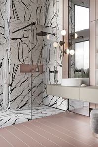 Don’t be afraid of mixing colourful bathroom tiles with your black VOLA shower mixers. Credit: Tolkointeriors #maximalist #aesthetic #VOLA #bathroom #colour #blacktap #contrast #pink #pinkbathroom