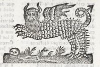 Grabado xil. de figurillas: monstruo alado con cuernos.