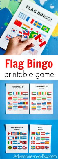 Flag Bingo is a printable educational game that challenges children to learn and identify the flags of the world. Fun supplement to teaching geography in preschool and K-6! #printablegame #games #printable #flags