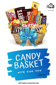 Celebrate a special occasion with a sweet and savory candy basket. Delivered by a local florist, this basket is created with everyone's favorite treats. From chocolate covered raisins and chocolate bars to a variety of chewy candies, this gift is sure to please. An ideal choice to send to a friend, family member or co-worker. Includes: • Candy Variety • Blue Decorative Ribbon • Woven Basket