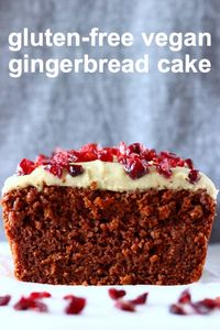 This Gluten-Free Vegan Gingerbread Cake is perfectly spiced, fragrant, and covered in a rich "cream cheese" frosting. It's the perfect festive sweet treat for Christmas! Dairy-free, egg-free and refined sugar free. #vegan #rhiansrecipes #dairyfree #glutenfree #gingerbread #cake #christmas