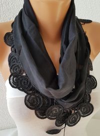 Check out this item in my Etsy shop https://www.etsy.com/listing/864943324/black-cotton-scarf-fringe-lace-trim-boho