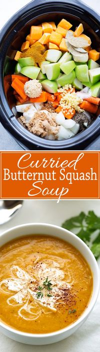 Curried Butternut Squash Soup {Slow Cooker} - Smooth, creamy, and super comforting curried Butternut Squash Soup made in the slow cooker. #vegetarian #slowcooker #crockpot #butternutsquashsoup | Littlespicejar.com