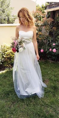 Bustier fourreau satin duchette et surjupe en voile de tulle... Sur mesure