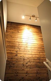 stained planked wall: $9 for one package of 6 sheets of pine planks at Lowe's (about $50 total for this wall).