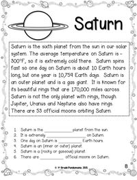 This 54 page Solar System Unit has everything you need to teach your 1st - 3rd graders about our Solar System. Display the colorful posters and word wall, work through the Solar System activity book, assemble the flip book, and then using the included writing organizer, plan and produce quality solar system reports.