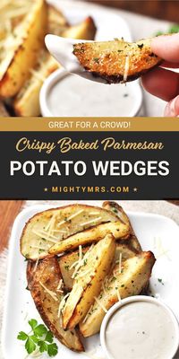 These crispy Parmesan Ranch Wedges can be oven baked or made in the air fryer. A tasty side dish or appetizer. Super easy to make! Great for feeding a crowd. Dip in ranch dressing! If you love potatoes and Ranch, you're going to love these baked Parmesan ranch potato wedges!