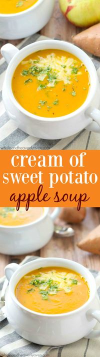 Velvety-smooth and loaded with sweet potato and apple flavors, this fall-flavored cream soup is the ultimate warm-up on a chilly day! @WholeHeavenly