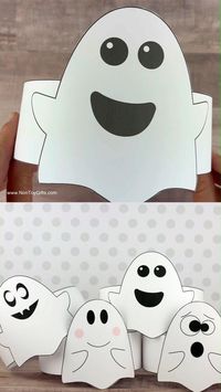 Ghost paper hats kids can make for Halloween. #ghostpaperhats #ghostheadband #halloweenpaperhats
