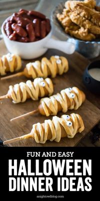 From Mummy Corndogs to Chicken Strips with Cauldron Dipping Sauces, Feast on Fright Bites and other Easy Halloween Dinner Ideas perfect to serve before a night of Trick-or-Treating! #Halloween #TrickorTreat