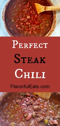 Perfect Steak Chili is everything you want in a bowl of hearty, comforting goodness. It’s loaded with steak, ground beef, tomatoes, beans, aromatics, and all the amazing spices that make a great chili.
