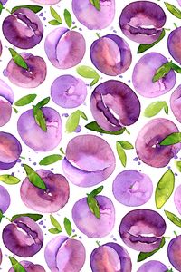 Watercolor Plums by peachbloom - Bright purple and lavender plums with lime and emerald green leaves on fabric, wallpaper, and gift wrap. Whimsical hand painted watercolor fruit pattern perfect for napkins, a table cloth, or a bold throw pillow!