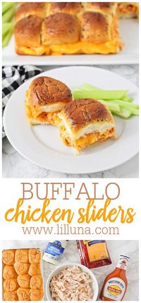 Simple + Savory Buffalo Chicken Sliders pack just the right amount of heat. They are great served as a dinner or appetizer!! #buffalochickensliders #chickensliders #buffalochicken #chicken #sliders #sandwiches