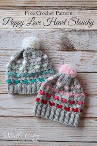 FREE Crochet Pattern | Puppy Love Heart Slouchy - Get the free crochet pattern for this sweet heart-patterned slouchy hat.