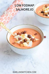 A delicious starter! Low FODMAP salmorejo, Spanish cold soup with Serrano ham and egg. Few ingredients. Gluten-free, lactose-free, vegetarian and vegan option #FODMAP #glutenfree #lactosefree #soup #salmorejo #starter #spanish