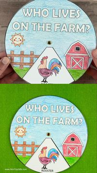 Learn about farm animals: horse, cow, rooster, sheep and pig withthis easy coloring Who lives on th efarm spinner craft for preschoolers and older kids. #farmanimalcraft #farmanimalcoloringactivity