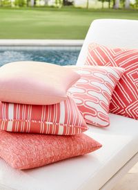 Outdoor performance fabrics by Thibaut are fade resistant with 2,600 light hours. Perfect for sunny spaces. #patioinspiration #backyarddesign #outdoorfabric