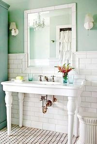 Cottage Bathroom vanity subway tile & decor... I pinned this because that wall color is exactly what I want in my kitchen! Mint!!