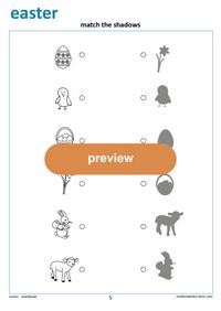Match the shadows, Easter worksheet. Preschool, Kindergarten, First grade worksheets: lookbookeducation.com