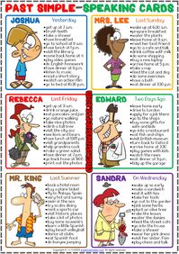 A set of esl printable speaking activity cards for teachers, learners and students to practise Past Simple Tense. You can print out, cut and laminate the speaking cards for longer use. Simple and effective for improving English speaking skills.