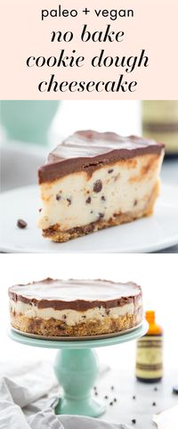 This vegan no bake cookie dough cheesecake is paleo and free of refined sugars but totally loaded with taste. With a tangy-sweet cheesecake filling, reminiscent of spoonfuls of cookie dough and dotted with chocolate chips, this vegan no bake cookie dough cheesecake is the perfect vegan no bake dessert. With a chocolate chip crust and ganache topping, you’d never know this paleo no bake cookie dough cheesecake is healthy!
