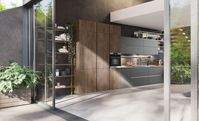 Nickel lacquered brushed metal effect | Bark aged oak | Worktop: Kerlite | Groove and plinth: titanium