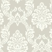 Damask is pictured here in a large format with traditional medallion and ogee frame of curving fanciful leaves. This contemporary version has up-to-the-minute panache thanks to raised inks and emboldened colors, as well as several neutral versions.