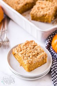 Pumpkin Coffee Cake recipe could hardly be easier to make. It's a super moist cake with a crunchy streusel topping.