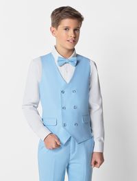A formal favourite, the Harvey waistcoat suit in blue is a fresh take of formal. The modern double breasted design is perfect for those warmer weather events, the slim fit a trendy take on a tailored outfit. With adjustable waistband, the outfit is designed in linen-effect cloth combining style with comfort that reinvents traditional suit dressing. #bluesuit #boyssuit #wedding #weddinginspo #suit #bluesuit #wastcoat #childrenclothing