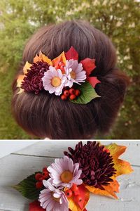 Fall hair comb with burgundy and pink chrysanthemum, and fall leaves. Total length is 6'' (15 cm). Each of them made of foam material. Every flower detail and the assembly are carefully handmade done. #fallwedding #weddinghair #autumnwedding