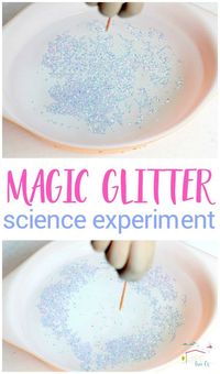 Magic glitter science experiment for kids! This magic glitter experiment is a simple science experiment teaching kids all about surface tension. It's the perfect intro to science at home! It is so easy that even preschoolers and kindergartners can do it! Try doing this fun science experiment with your kids today! #science #preschool #kids #crafts #kidsactivities