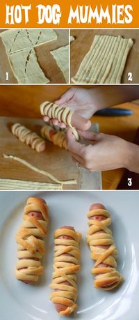 Hot Dog Mummies Pigs in a blanket, Halloween style! What a fun party idea or after school snack for the kids. Bonus: these hot dog mummies a...