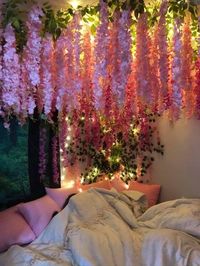 "Dimension:Artificial vine is about 3.2 Feet long. Evey artificial wisteria is with 3 branches,1 longer string 17.71\",1 shorter strings 9.84\",1 medium strings 13.77\" Material: Polyester and Plastic How to Use:- These artificial wisteria have flexible wires for molding. You can bend them and hang them up. You can also use rope or tape to make them into the shape what you want. You can hang on the wall, on the ceiling and door"