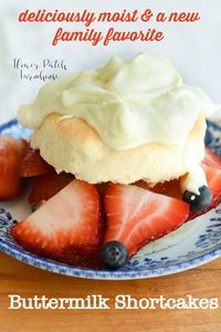 Delicious homemade buttermilk strawberry shortcakes brings this favorite summer dessert to a whole new level of delight. Easy to make and flexible, use it for the base of many fruit desserts, not just strawberries! via @FlowerpatchPam