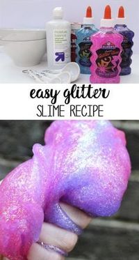 glitter slime recipe Materials: Elmer’s Glitter Glue 1/2 TBSP Baking Soda1 TBSP Contact Lens Solution*