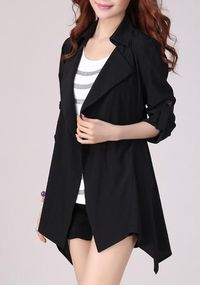 Black Plain Studded Turndown Collar Fashion Coat
