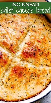 No Knead Skillet Cheese Bread - Warm and crusty homemade bread is easier than you’ve imagined with this No Knead Skillet Cheese Bread. Perfect for dunking in warm soup! #bread #homemadebread #noknead
