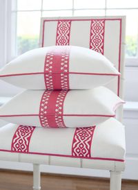 Thibaut trim: Belinda Tape and Perla Tape. #fabrictextures #fabric #homeinspiration #pillows