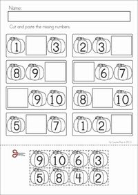 Autumn / Fall Math Worksheets & Activities - (Kindergarten). 52 pages. A page from the unit: Missing Numbers (Pumpkins)