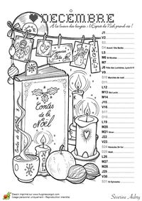 Coloriage calendrier, jolie illustration des activités à faire pendant le mois de décembre