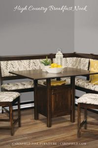 A cozy high end #country #breakfast #nook with cushioned counter-height dining bench and two comfy chairs. Polished wood and designer fabric or leather upholstery customize this elegant corner dining set to suit any decor.