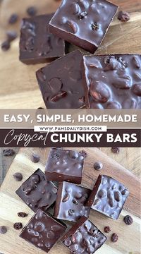 These copycat chunky bars are seriously such an easy, simple, homemade dessert to make! These decadent chocolate bars are loaded with all the delicious flavors we love in the classic candy bar. Milk chocolate, raisins, and peanuts come together to create a delicious, chocolaty treat that will have your tastebuds singing and your sweet tooth satisfied. They freeze well too so make a big batch and enjoy! via @skinnydesserts