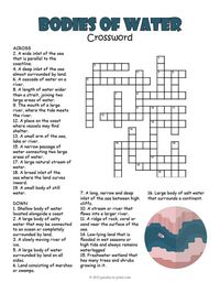 A printable crossword puzzle to help teach students about bodies of water. The definitions for 22 vocabulary words serve as the clues.