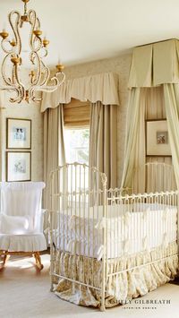 ASHLEY GILBREATH INTERIOR DESIGN: A dreamy neutral nursery in a Southern designer's personal home. A beautiful iron bed with custom bed skirt and bed crown surrounded by soft textures and vintage framed prints.